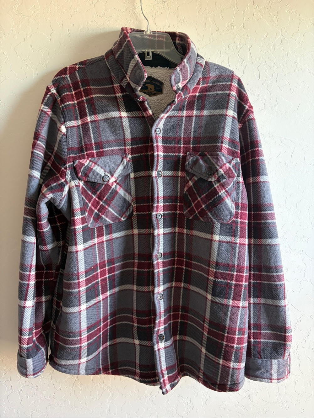 Men's Burgundy and Gray Plaid Button-Down Shirt Jacket